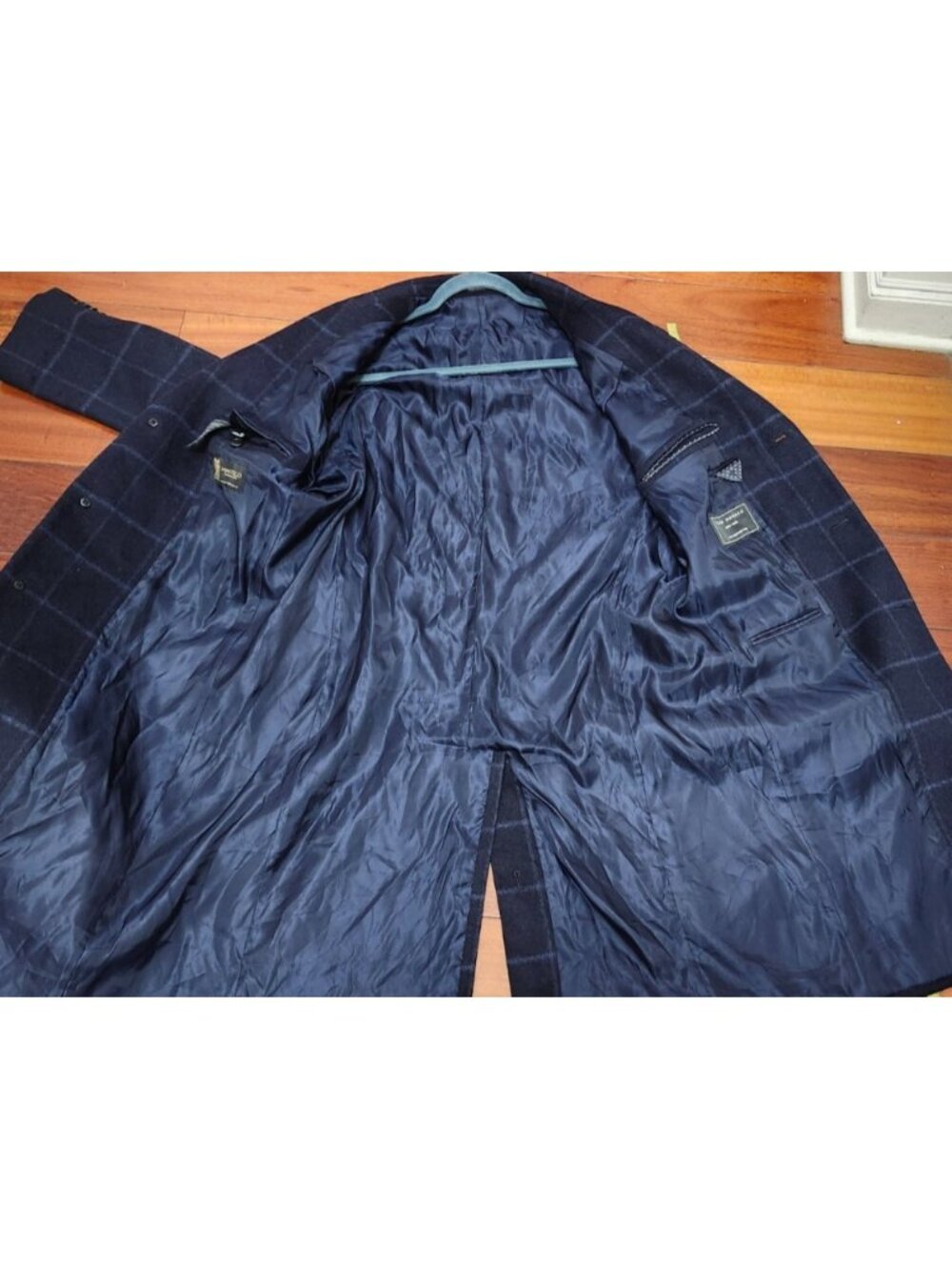 Club Monaco Mantico Wool Blend Overcoat Mens 42 Navy Windowpane Long Coat Jacket - Picture 8 of 16